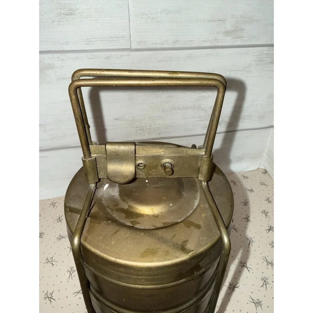 Old Brass Three  Tier‎ Tiffin Food Carrier Round Lunch Box Container Prairie